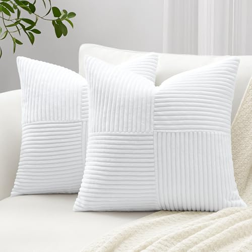 Sungeek Lot de 2 Housse de Coussin 40x40 cm en Velours Côtelé, Housse Coussins Patchwork à Rayures Croisées Doux Taies d'oreiller Décoratives pour Lit Canapé Chambre Salon, Blanc