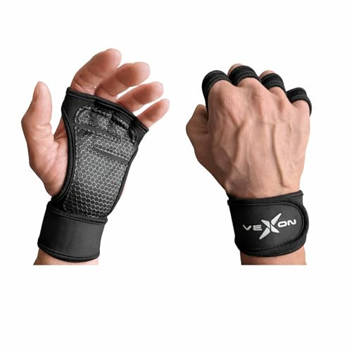 VEXON Guantes Gimnasio Hombre y Mujer – Guantes Gym Antideslizantes y Transpirables, Palma Acolchada, Soporte de Muñeca Ajustable, para Pesas y Entrenamiento. (Negro, X-Large)