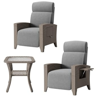 Ergonomisk relaxstol rottingfåtölj med justerbart ryggstöd och tjock kudde. Lämplig för inomhus, balkong, trädgård och innergård (brun + grå + brunt sidobord, 2 förpackningar)