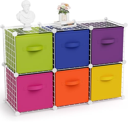 Leinuosen 6 Cube Storage Organizer with 6 Foldable Fabric Storage Bins, Metal Wire Grid Shelves, Stackable Modular Closet Organizer for Bedroom Living Room Office Toys Books(White,Colorful)