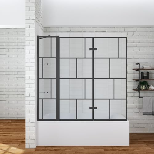 YAKE Badewanneaufsatz 150 x 140 cm Duschwand für Badewanne 3 teilig Badewannenfaltwand Duschtrennwand faltbar mit mattschwarzem kariertem-Dekor Glas Dusche Faltwand aus 5 mm ESG mit Nano Beschichtung