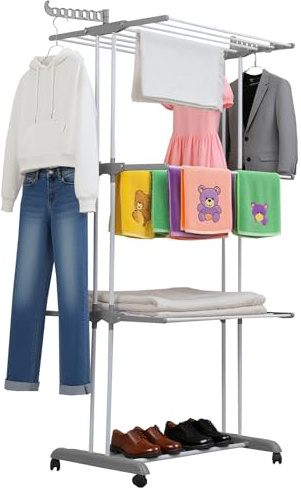 Homshsjhkis Wäscheständer Ausziehbar, Wäschespinne Turm mit Rollen, Platzsparender 6 Klappbare Flügel und 2 Drehbar Seitenflügel, Stabiler Klappbar Edelstahl Standtrockner Wäscheturm für Innen Außen