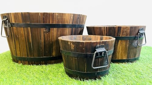 My Square Mile Wooden Half Barrel Planter with Metal Trim, Garden Outdoor Wood Plant Pot, Multiple Sizes (Diameter 45cm x 23cm Height)