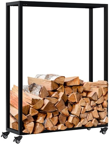 CLP Portalegna da Interno in Metallo con Ruote Hilta, scaffale in Metallo Robusto, stoccaggio Legna da ardere in Salotto Colore Nero Dimensione 25x80x100 cm