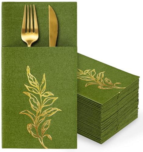 Whaline 100Pcs Olive Green Linen Feel Napkin with Built-in Flatware Pocket Disposable Paper Napkins Gold Foil Leaves Folded Dinner Napkins for Birthday Wedding Party Table Supplies