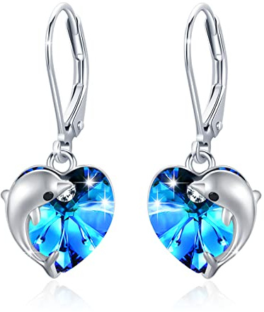 REDSUN Boucles d'oreilles dauphin en argent 925 pour fille - Cristal de lune - Boucles d'oreilles pendantes en forme de cœur - Cadeau pour fille, maman, fille, épouse, 10 × 10 mm, Argent sterling