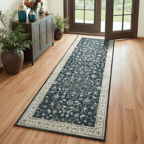 RUGICI 2x6 Washable Runner Rug, Non-Slip Hallway Runner Rugs, Low Pile Vintage Area Rug for Kitchen Hallway Entryway Bathroom Bedroom Carpet, Dark Navy