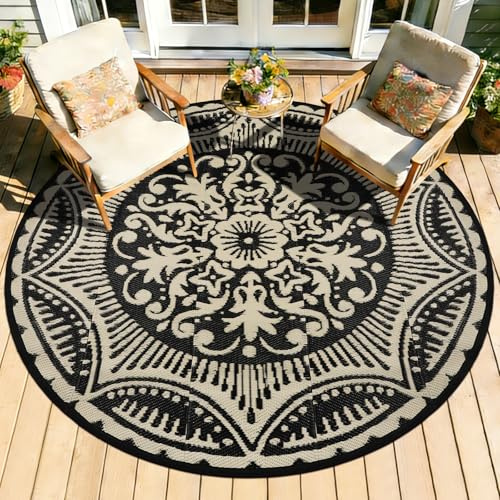 Capslpad Tappeto rotondo per esterni, Ø 150 cm, tappeto da balcone, in plastica, leggero, per picnic, campeggio, giardino, colore nero