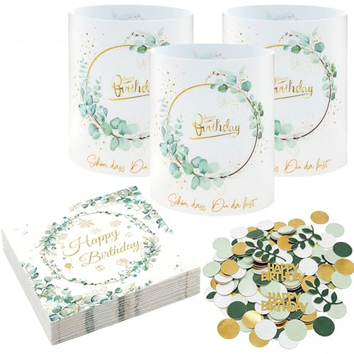 Grünes Eukalyptus Geburtstagsdeko Set Geburtstagsdeko und Tischdeko mit 20 Servietten Happy Birthday, 12 Windlichtern und 100 Konfetti, für Geburtstag Frau, Mann, Mädchen, Junge, Kinder