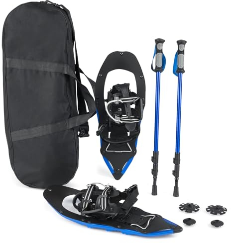 COSTWAY Set de Raquettes à Neige avec Bâtons de Trekking, Chaussures Neige Tout-Terrain en Aluminium, Rembourrage EVA à Sangle Unique Repose-Talon Barre Pivotante Sac de Transport (54 x 21 cm,Bleu)