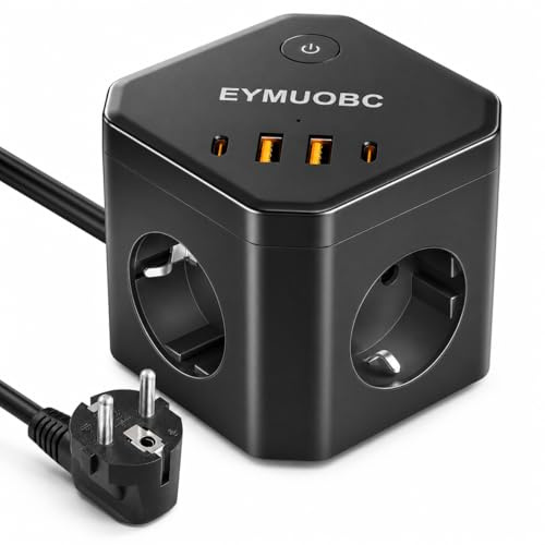EYMUOBC Cube Multiprise 8-en-1 avec USB C PD 20W, 3680W avec Interrupteur et Rallonge Electrique, EYMUOBC 4 Prises avec et 4 Ports USB, Câble Extension 2M, pour Maison, Bureau et Voyage