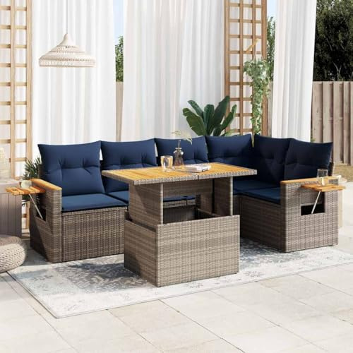 SKTQYQO Gartenmöbel-Set, 6-teilig, mit Kissen, grau, Polyrattan, Akazie, multifunktionales Gartenmöbel-Set, geeignet für Gärten