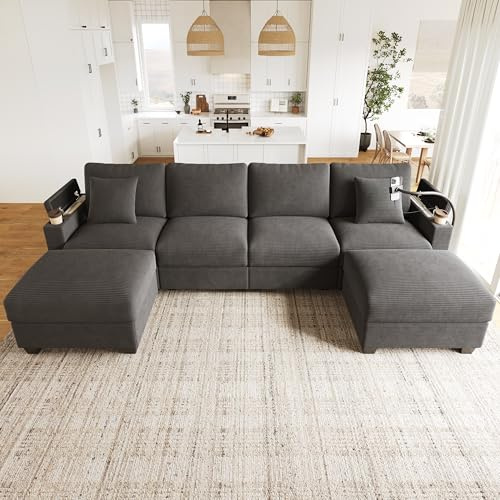 Kebnor Paisaje residencial en forma de U con función de sueño, sofá de pana modular, sofá de esquina con soporte para teléfono móvil y puerto de carga USB, adecuado para salón, dormitorio y