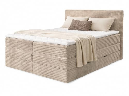 Sofnet Boxspringbett Mollo XL mit 2 Bettkästen und Topper, mit Taschenfederkern- und Bonellfederkernmatratze, Doppelbett, Polsterbett aus Cordstoff mit Stauraum (Beige (Tilia 03), 180 x 200 cm)