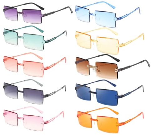 Gafas de Sol Sin Montura Pack 10 Pares Lentes Rectangulares Cuadrados | Degradados, Protección UV, Vintage Unisex, Colores Variados, Moda Retro