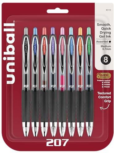 Uni-Ball 207 Retractable Gel Pens, Medium Point (0.7mm), Assorted, 8 Pack