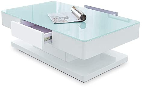 CLIPOP Couchtisch Weiß Hochglanz mit 2 Schubladen,Rechteckiger Wohnzimmertisch mit Stauraum,Tischplatte aus Gehärtetes Glas,Beistelltisch Wohnzimmer Sofatisch,100 x 60 x 35 cm