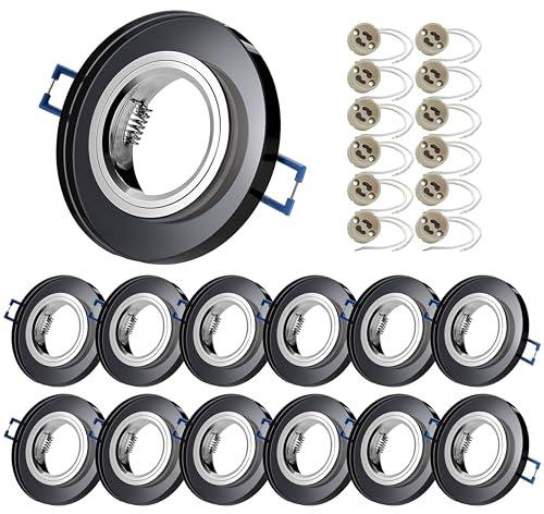 Sweet Led Einbaustrahler 230 V 12er Set – GU10 Deckenspots aus Glas Schwarz inkl. Fassung, Einbaurahmen, Ø 68 mm Runde Rahmen für Decke