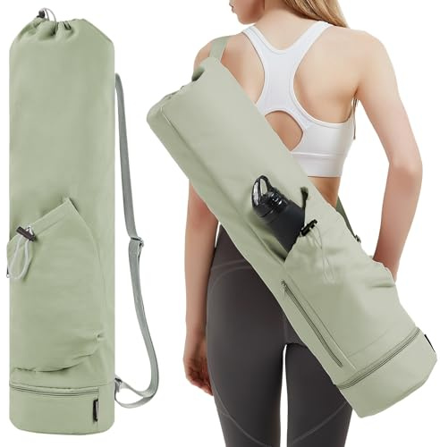 sportsnew Yoga Mat Bag with Water Bottle Pocket and Bottom Wet Pocket, Exercise Yoga Mat Carrier Multi-Functional Storage Bag, Sage Green