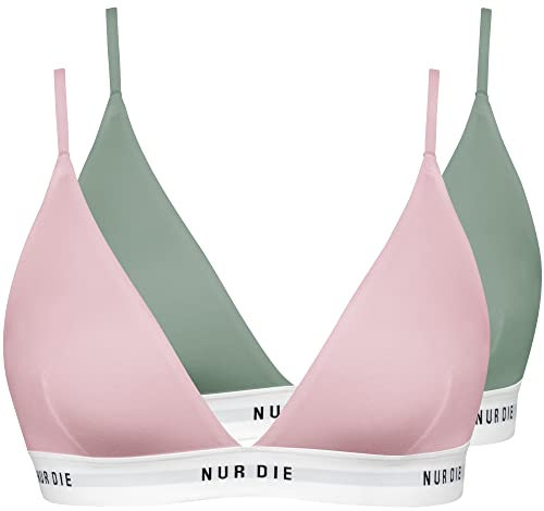 Nur Die 2er Pack Soft BH sportlich ohne Bügel bügelloser BH Triangel Bra Bustier Baumwolle Damen, Khaki/Rose, M
