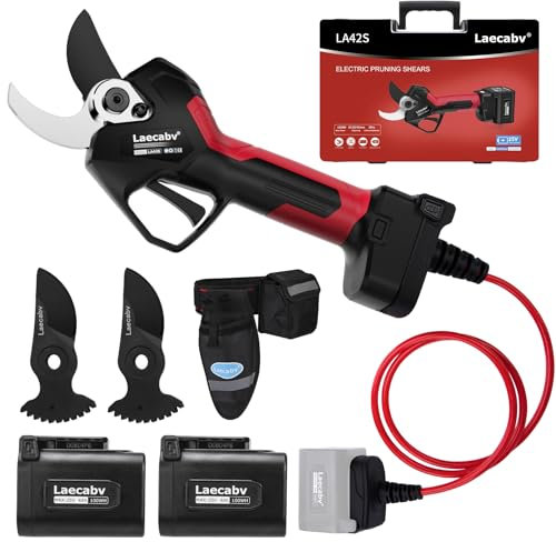 Laecabv Tijeras de Podar Eléctricas, 42mm Tijeras de Podar con Batería Profesional, Tijeras Rama Inalámbrico con Motor sin Escobillas, 2 Piezas Batería de Litio Recargable de 25V/4Ah (LA42SBKRD)