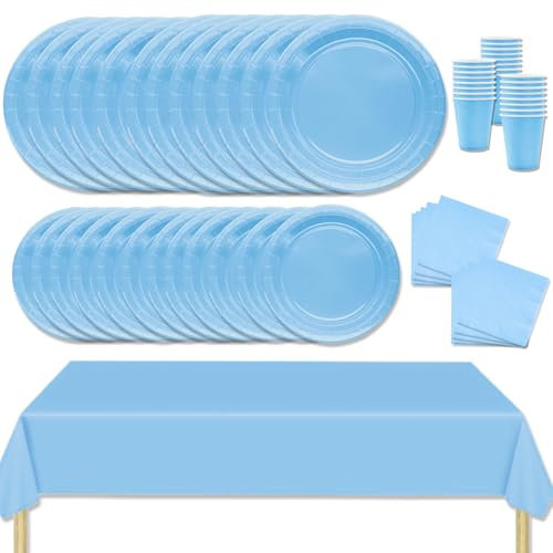 MORAINJAY 69 Piezas Juego Vajilla de Papel para Fiesta Azul Lago,Decoración de Mesa para Cumpleaños con Platos,Mantel,Servilletas y Vasos,para Bodas,Picnics y Reunión - 16 Personas