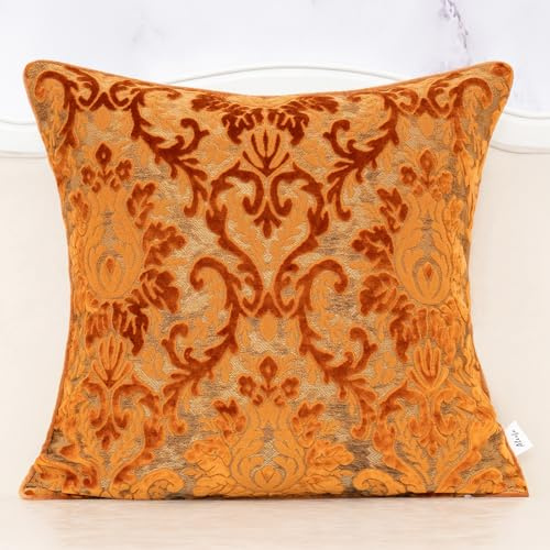 Alerfa Housse de coussin décorative brodée carrée en velours à motif floral orange bohème pour canapé, salon, chambre à coucher (45,7 x 45,7 cm)