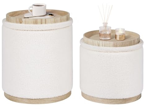 Bonlife Set of 2 Round Ottoman with Tray, Vanity Stool with Storage | White Chenille Ottoman Set, Footstool with Tray, Footrest, Coffee Table, for Living Room, Bedroom, Hallway, 38x38x44cm