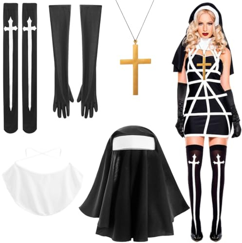 Cadimus 5 Stück Nonne Accessoires, Nonnen Kostüm Zubehör mit Nonnen Kopfschmuck Kragen Handschuhe Kniestrümpfe und Kreuzkette, The Nun Kostüm Damen, für Halloween Karneval Cosplay