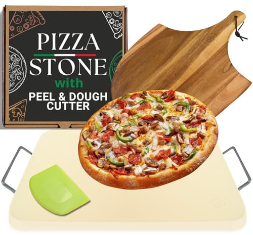 Pizzasteine für Backofen und Grill - Pizzastein mit Griffen, Holzschäl- und Teigwerkzeug - 38,1 x 30,5 cm rechteckiger Pizza-Grillstein - Backstein für Brot - Pizza Making Set