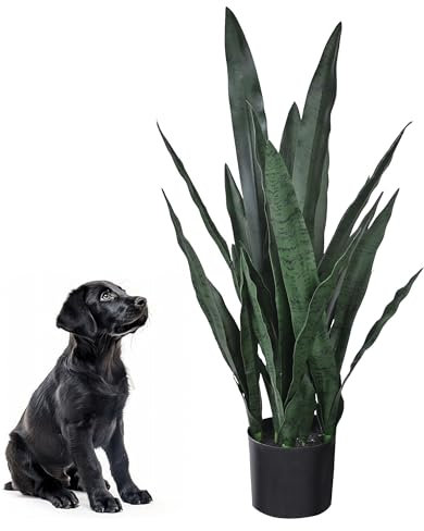 JIAAUAN Artificial Snake Plant Yellow 2.6ft Fake Sansevieria with 32 Leaves Tall Fake Agave Potted Plants Decor Plastic Greenery for Home Garden Housewarming Office Store Decoration (Deep Green)