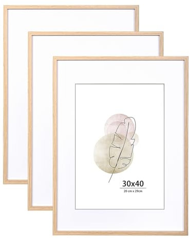 KAIWIN Juego de 3 portarretratos de madera de roble de 30 x 40 pulgadas, marco de póster con paspartú blanco, marcos de fotos de 16 x 12 pulgadas para montaje en pared, hogar, oficina, galería