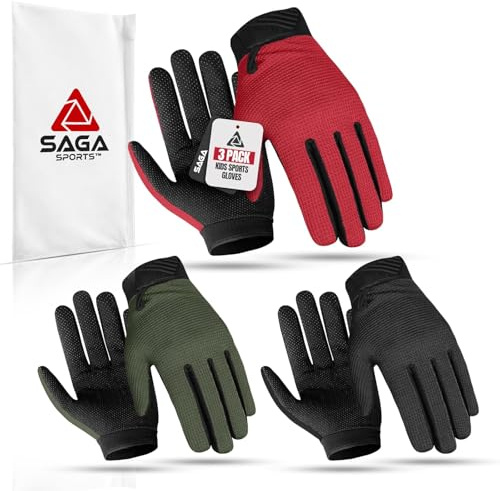 Kids Cycling Gloves - Full Finger Bike Gloves for Boys & Girls, Non-Slip Motorbike Gloves for BMX, MTB, Scooter & Outdoor Sports (Army Green | Black | Red, Medium [6-8])