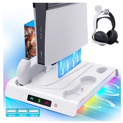 Labtec PS5 / Slim/Pro Stand with Cooling Fan and RGB Light, Dual Controller Charging Station for PS5/Slim/Pro Console with 5 Game Slot and 3 USB Ports, PS5 accessories