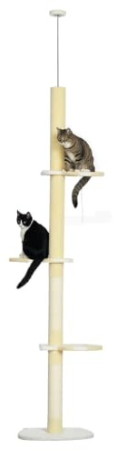 PawHut Kratzbaum deckenhoch 220-260 cm Höhe für Mittelgroße Katzen Gelb | Kratzsäulen, Sisalstämme, Spielbälle, Plattformen, Mehrstöckiger Kletterbaum