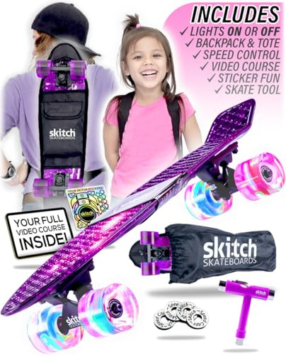 SKITCH Complete Skate Board for Kids 8-12 4-6-8-10 6-12 Year Old Beginner Girls Children Gift Set 22 Inch Penny Board Mini Cruiser Bearing Pink Skateboards Backpack Skate Tool (Purple Galaxy LED+)