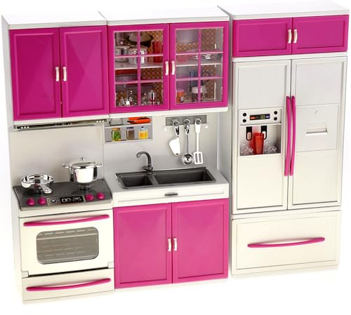 PowerTRC Doll Kitchen Play Set, Mini Modern Toy Kitchen Pretend Play Furnitures Toy Set Accessories Set with Realistic Light & Sound for Kids Toddlers Girls (3-in-1)