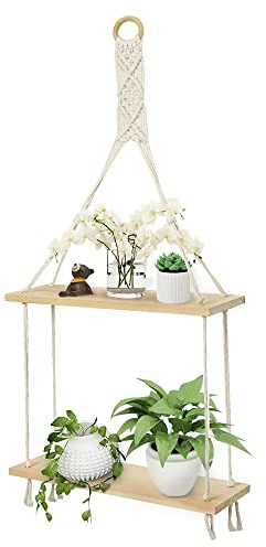 Afuly Mensole da Muro Legno Grezzo Boho Macrame Design Bagno/Cameretta/Balcone Naturale Mensole Sospese con Corda Decorazioni Parete