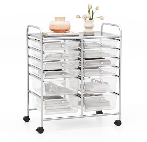 GOPLUS Rollwagen Schubladenwagen, Rollcontainer mit 12 stapelbaren Schubladen, Haushaltwagen auf Rollen mit Bremsen, Badtrolley Badregal, Aufbewahrungswagen für Heim und Büro (Transparent)