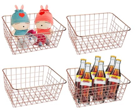 Jucoan 4 Pack Metal Wire Storage Baskets, Rose Gold Wire Baskets with Handles, Pantry Organizer Storage Bins for Kitchen, Freezer, Closet, Laundry Room, Cabinets