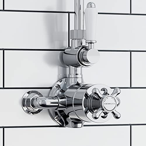 ENKI, Downton, T87, Single Shower Unit Outlet, Twin Thermostatic Shower Valve, White & Chrome Shower Tap Attachment for Bathroom Shower, Classic Shower Valve Style