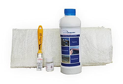 KIT (in bottiglia) VETRORESINA POLIESTERE 1,3KG - RIPARAZIONE BARCHE AUTO MOTO CAMPER - 1KG DI RESINA LIQUIDA + 20g CATALIZZATORE + 1 MQ FIBRA LANA VETRO + PENNELLO