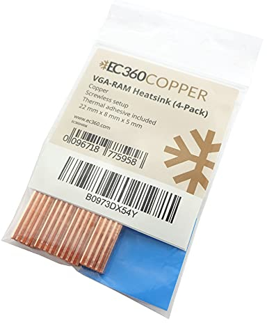 EC360® Copper Paquet de 4 dissipateurs VGA-RAM en cuivre (22 x 8 x 5 mm)
