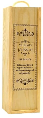 Personalised Wooden Champagne Gift Box | Printed Ornate Frame Design Wooden Box with Rope Handle | Perfect for Birthday Wedding Anniversary | Print with Any Name, Message and Date