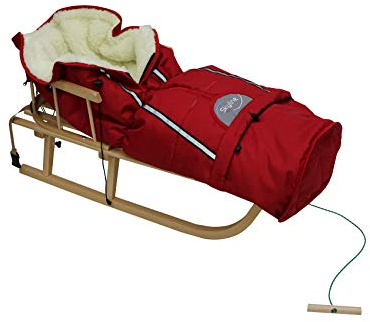 Holzschlitten für Kinder mit Rückenlehne Rodelschlitten Davoser Schlitten aus Holz mit einem Sicherheitsgurt, Rückenlehne und Winterfußsack (Natur/Rote Schlafsack)