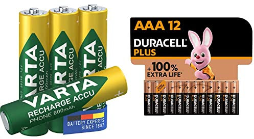 VARTA Recharge Akku Phone Accu Micro NI-Mh Accu (AAA 4er Pack, 800 mAh) für schnurlose Telefone, wiederaufladbar & Duracell Plus AAA Micro Alkaline-Batterien, 1.5V LR03 MN2400, 12er-Pack
