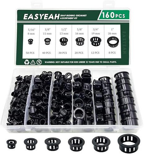 EASYEAH 160 Pcs 6 Sizes Cable Snap-in Knockout Insulating Bushing Grommets Assortment Kit, 5/16, 3/8, 1/2, 5/8, 3/4, 1 Black Nylon Plastic Hole Grommets for Wiring, Wire Cord Hose Tubing Protector