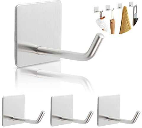 LIUCONGBD Haken Selbstklebende Klebrige Heavy Duty, 4 Stück Lange Edelstahl | Längeres Design, Wasserdichte Wandhaken zum Aufhängen Küche Bad, Handtuchhaken Ohne Bohren, für Schlüssel Hut Mantel, Silber