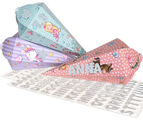 Papierdrachen 3 Bedruckte Schultüten zur Einschulung - kleine Zuckertüte für Schwester und Bruder - Rosa Türkis - inkl. dekorativen Moosgummi Aufklebern