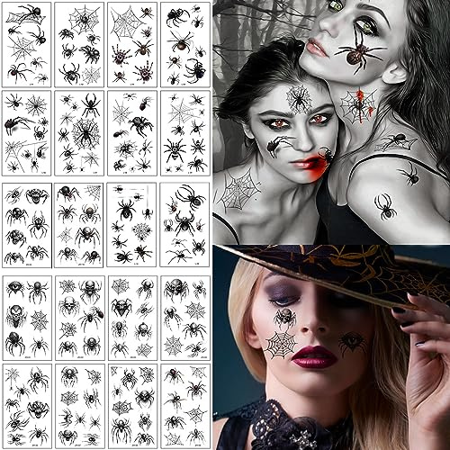 BOOSHMall Spinnen Temporäre Tattoos, Halloween Temporäre Schwarz Spinnen Tattoos, 20 Blatt Schaurige Schwarze Spinnweben Tattoos, Gesicht Tattoos für Halloween Kostüm Punk Masquerade Party